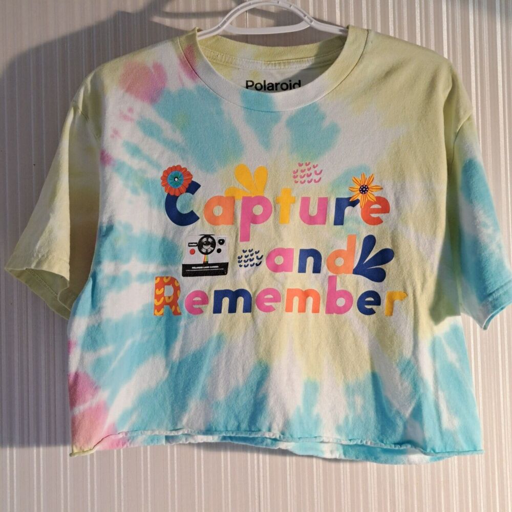 Polaroid Cropped Tie Dye Tee Shirt WOMENS SIZE L Capture and Remember Pastel